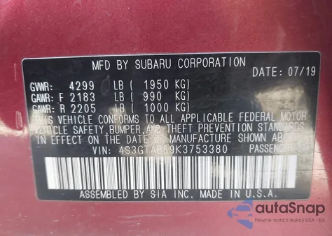 2019 Subaru Impreza 2.0I z USA, uszkodzony, nr VIN 4S3GTAB69K3753380